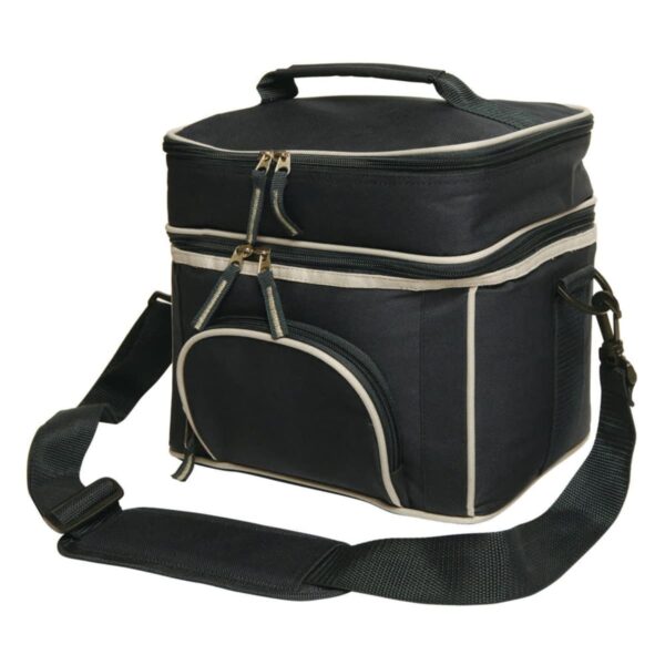 A black insulated cooler bag with beige trim, featuring a top handle, double zipper closures, a front pocket, and an adjustable shoulder strap.