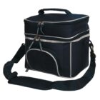 A dark blue insulated cooler bag with a gray trim and handle. It has a zippered top compartment, a front pocket with two zippers, and an adjustable shoulder strap.