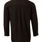 Black long-sleeve dress shirt shown from the back, featuring a classic collar and buttoned cuffs. The shirt has a smooth, slightly shiny texture and a tailored fit.