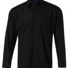 Black long-sleeved button-up dress shirt with a structured collar, displayed against a plain white background.