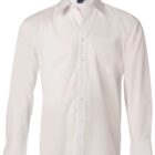 A long-sleeved, white button-up dress shirt with a collar and a chest pocket. The shirt is neatly pressed and displayed on a plain background.