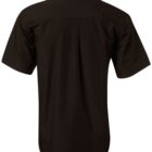 Back view of a plain black short-sleeve collared shirt.