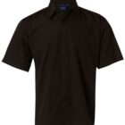 A short-sleeved, black button-up shirt with a collar. It has a single visible chest pocket on the left. The shirt is displayed against a plain white background.