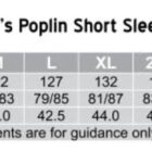 Chart showing sizes S to 5XL for a mens poplin short sleeve business shirt. It provides measurements for chest, body length, and collar. Sizes range from 117 cm chest at S to 152 cm at 5XL. Measurements are for guidance only.