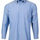 A blue button-up shirt with buttoned-down collar and long sleeves. It features two chest pockets with button closures and white buttons down the front. The shirt is displayed against a white background.