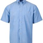 Light blue short-sleeve button-up shirt with a collar. It features two chest pockets with buttons. The fabric is plain and has a casual, classic style.