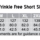 Size chart for mens wrinkle-free short sleeve chambray shirts. Sizes range from S to 7XL with measurements for chest, body length, collar, and an easy fit note. Measurements are in centimeters and for guidance only.