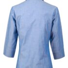 The image shows the back view of a light blue womens blazer with three-quarter sleeves. The fabric appears to be lightweight, and the blazer has a simple, tailored design with a collar.