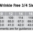 Size chart for Ladies Wrinkle Free 3/4 Sleeve Chambray Shirts, model BS04. Sizes 8 to 24 are listed with corresponding measurements in centimeters: Chest, Body Length, and Collar sizes, described as Easy Fit with a guidance disclaimer.