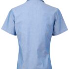 Back view of a light blue short-sleeve button-up shirt. The shirt features a classic collar and appears to be made of a lightweight fabric.