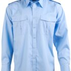 Light blue long-sleeve uniform shirt with two flap pockets on the chest and button-down front. The shirt features shoulder epaulets and a pointed collar, displayed against a plain white background.