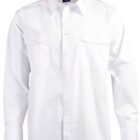 A white, long-sleeved button-up shirt with two chest pockets and a collar is displayed against a plain background.