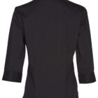 Back view of a black, long-sleeve shirt with a collar and buttoned cuffs. The shirt appears to be made of a smooth fabric, and it is displayed against a plain white background.