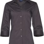 A black button-up blouse with 3/4 length sleeves, featuring a folded collar and silver buttons. The blouse has a fitted design, suitable for formal or business occasions.