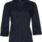 A black button-up blouse with a collar and three-quarter length sleeves. The fabric appears smooth, and the blouse has a tailored fit.