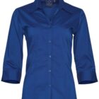 A blue womens button-up shirt with three-quarter sleeves and a pointed collar. The shirt has a smooth texture with a tailored fit.