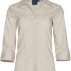 Beige button-up blouse with a collar and three-quarter sleeves, displayed on a plain white background.
