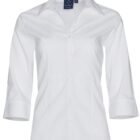 White womens button-down shirt with three-quarter sleeves and a classic collar. The fabric appears smooth with a semi-fitted design.
