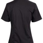 Black short-sleeve collared shirt viewed from the back, with a tailored fit.