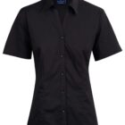 A short-sleeve, collared black blouse with a button-down front. The fabric appears smooth, and it has a fitted design with darts for shaping.