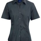 A short-sleeved, dark gray button-up shirt with a collar, featuring a tailored fit. There are five buttons down the front and the material appears smooth.