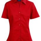 A vibrant red, short-sleeved blouse with buttons down the front and a pointed collar.