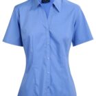 Blue short-sleeve button-up shirt on a white background. The shirt has a collar and a tailored fit.
