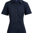 A short-sleeved, black blouse with a collar. It features a button-down front and a fitted style.