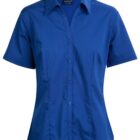 A short-sleeved, button-up blue shirt with a pointed collar. The shirt has a fitted design and a slightly shiny texture.
