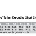Size chart for a Ladies Teflon Executive Short Sleeve Shirt. Sizes range from 6 to 26, with measurements for half chest and body length provided in centimeters. Includes a Teflon Fabric logo and note that measurements are for guidance only.