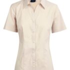 Beige short-sleeve button-up shirt with a classic collar, fitted for a tailored look against a plain background.