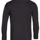 The image shows the back view of a long-sleeved black dress shirt with buttoned cuffs.