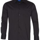 A black long-sleeve button-up shirt with a collar and a chest pocket, displayed on a white background.