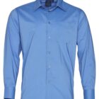A blue long-sleeve dress shirt with a front pocket, buttoned cuffs, and a classic collar. The shirt is buttoned down the front and displayed against a white background.