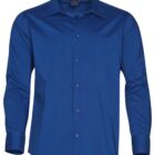 A classic long-sleeved, button-up shirt in solid navy blue. It features a pointed collar and a chest pocket on the left side. The shirt is tailored with a clean and formal appearance.