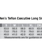 Size chart for Mens Teflon Executive Long Sleeve Shirt, model BS08L. Sizes S to 5XL with measurements for Half Chest, Body Length, and Collar. Modern fit, with measurements given in centimeters.