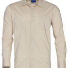Beige long-sleeve button-up shirt with a collar and a chest pocket.