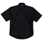 A black short-sleeve button-up shirt with a collar and a chest pocket. The shirt is neatly laid flat against a white background.