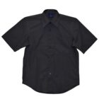 A short-sleeved, black button-up shirt with a pointed collar and a single chest pocket, laid flat on a white background.