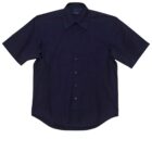 A plain black short-sleeved button-up shirt is laid flat against a white background. The shirt has a chest pocket on the left side and a classic collar.