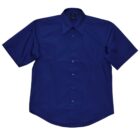 A dark blue short-sleeve button-up shirt with a classic collar, displayed against a white background.
