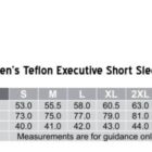 Size chart for the Mens Teflon Executive Short Sleeve Shirt with sizes S to 5XL. Measurements are given for Half Chest, Body Length, and Collar in centimeters, describing a modern fit. Measurements are for guidance only.