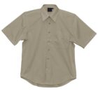 A beige short-sleeve button-up shirt with a single chest pocket and a pointed collar, displayed against a plain white background.