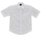A plain white, short-sleeve button-up shirt with a left chest pocket. The shirt is neatly displayed on a white background, highlighting its clean and classic design.
