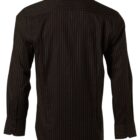 Back view of a black long-sleeved dress shirt with white vertical pinstripes. The shirt has a classic collar and buttoned cuffs, creating a formal appearance.