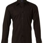 A black long-sleeve dress shirt with white pinstripes. The shirt features a collar, button-down front, and buttoned cuffs.