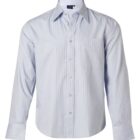 A light blue, long-sleeved dress shirt with thin vertical stripes. The shirt features a front pocket on the left side and is buttoned down the center. It has a classic collar and buttoned cuffs.