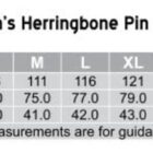 Size chart for a mens herringbone pinstripe long sleeve shirt. Sizes range from S to 5XL. The chart includes measurements for chest, body length, and collar. Describes a modern fit with measurements as guidance.