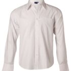 White button-up shirt with subtle vertical pinstripes, featuring a pointed collar, a chest pocket, and long sleeves. The shirt is displayed against a plain white background.