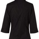 A black, pinstriped button-up blouse with three-quarter sleeves and a collar, shown from the back.